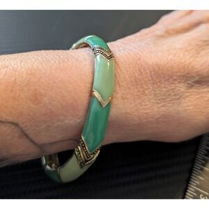 Vintage Green Bracelet Chevron Enamel Gold Tone Stretch Bangle One Size